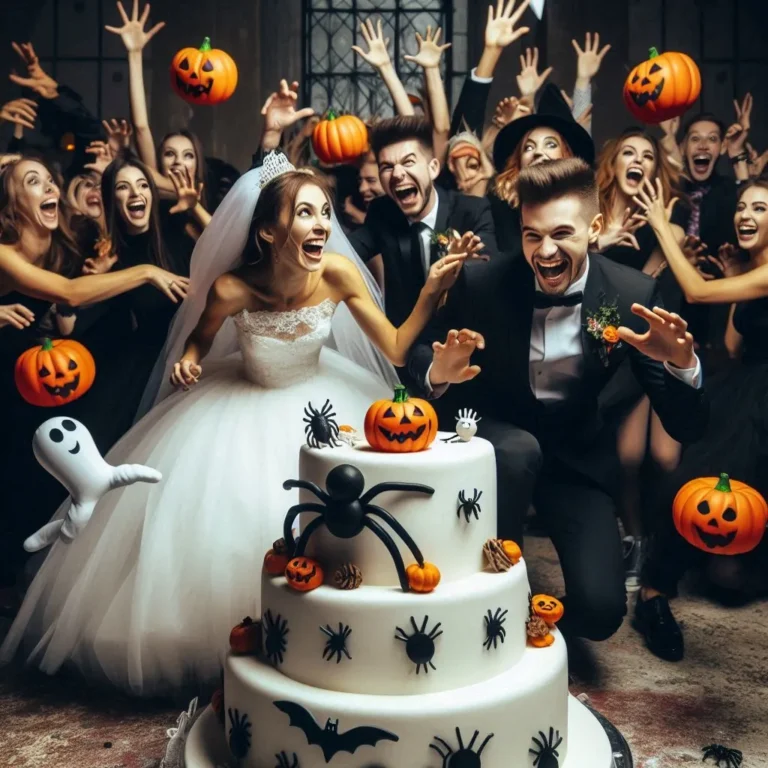 unvergessliche-hochzeit helloween brautpaar party hochzeitstorte