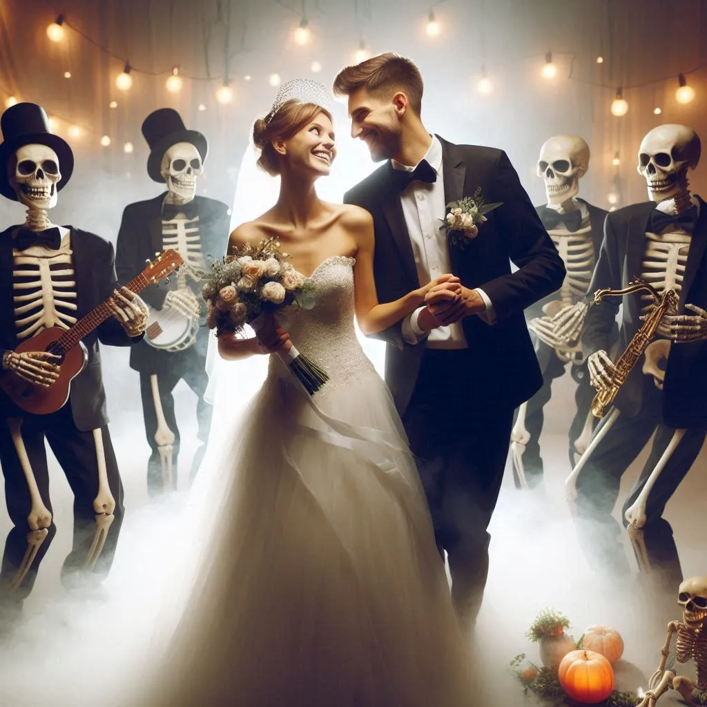 unvergessliche-hochzeit helloween brautpaar skelett band